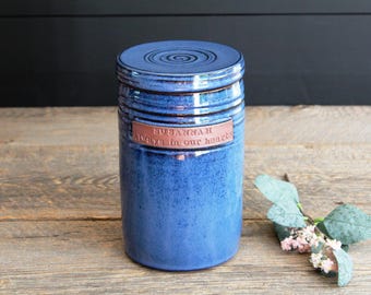 Personalised urn - Pottery large cremation urn with plaque, 85 cubic in. ashes urn, Human or pet jar with lid, Ceramic, Stoneware, Handmade
