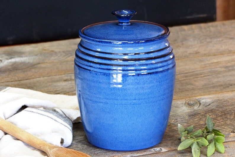 Large jar Pottery large rounded jar with lid, 3 L ceramic jar, Pottery crock, Canister set, Ceramic, Stoneware, Handmade, Wheel thrown Blue