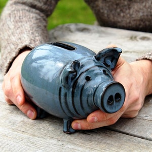 May include: A blue ceramic piggy bank with a textured surface and a black snout. The piggy bank is being held by a person's hands.