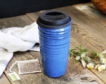 Travel cup - Pottery large travel mug, Silicone lid and sleeve, 700 ml coffee mug, Zero waste, Ceramic, Stoneware, Handmade, Wheel thrown
