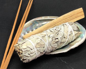 Energy Cleansing Kit - sage smudging palo santo shell dish and incense stick kit for energy cleansing