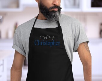 APRON- Personalized Custom NAME/TEXT (2 lines) Embroidered Cooking Chef Baker Full Length Canvas Bib Apron with Adjustable Neck & 2 Pockets.