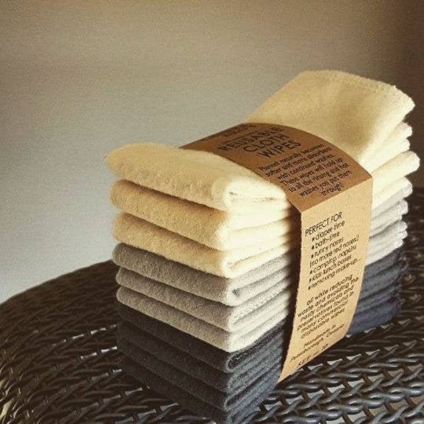 Reusable CLOTH WIPES, Hankies, Tissues, Family Cloth, Bidet Wipes, 8"x8" 100% cotton - NEUTRALS