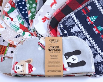 Kids CLOTH NAPKINS set of 10 • Festive Fun Prints • Holiday Collection • Christmas