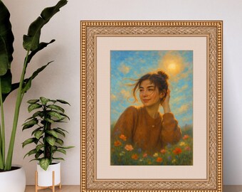 Dreamy Sunlit Portrait Art Print | Feminine Soft Glow Digital Download | Boho Wall Art for Living Room or Studio