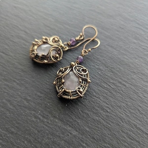Handmade wirework brass earrings. Intricate romantic earrings with vintage feel. Featuring rose quartz cabochons and Amethyst beads.