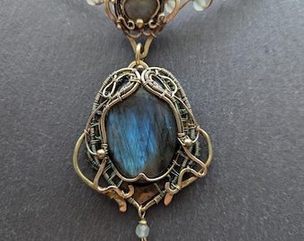 Labradorite stone necklace.  Large  artistic woven necklace.