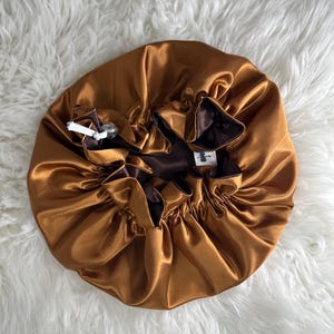 Brown Gold Reversible Satin Bonnet: Reversible Adjustable Silk Sleep Cap