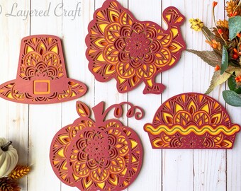 Thanksgiving Turkey, Pilgrim Hat, Pumpkin, Pie 3d SVG Layered Mandala Bundle - Digital Cut File