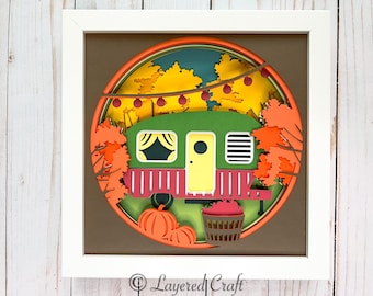 Fall Camper 3D Layered Shadow Box Autumn Leaves Retro Camper Decor Paper Craft Fall Glamping RV Cut File for Cricut SVG DXF png eps