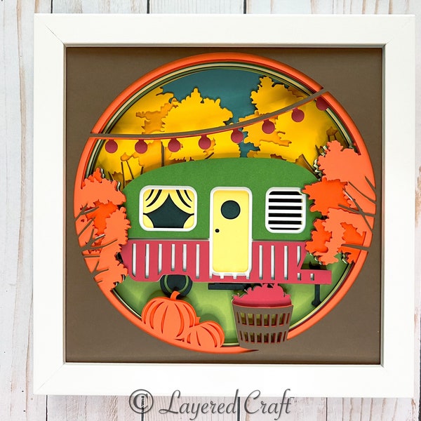 Fall Camper 3D Layered Shadow Box Autumn Leaves Retro Camper Decor Paper Craft Fall Glamping RV Cut File for Cricut SVG DXF png eps