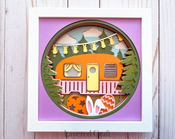 Happy Easter Shadowbox Camper Decorations 3D Bunny Ears Easter Egg SVG Layered Shadow Box Craft Layered Digital Cut File Cricut Silhouette