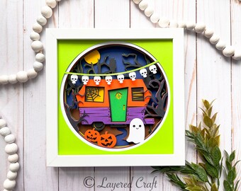 Happy Halloween Shadowbox 3D Halloween SVG Trick or Treat Retro Camper 3D SVG Layered Shadow Box Haunted House Digital Cut File SVG png dxf