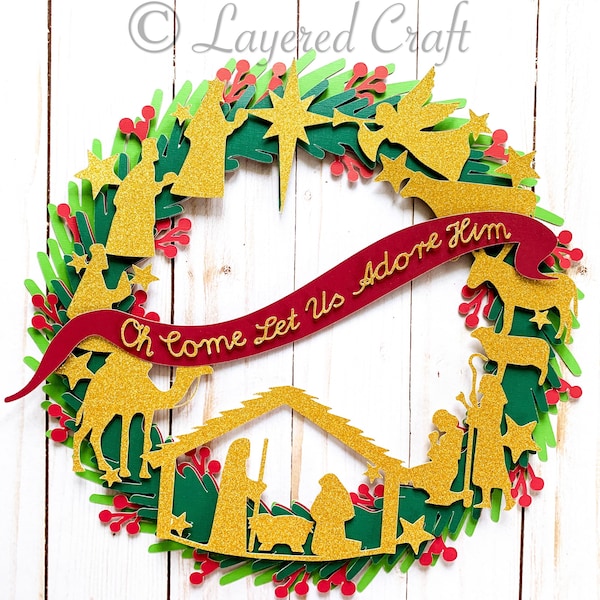 Christmas Nativity Manger Wreath Christmas Nativity Scene Decorations Baby Jesus Mary Joseph Christmas manger craft 3D SVG Digital Cut File