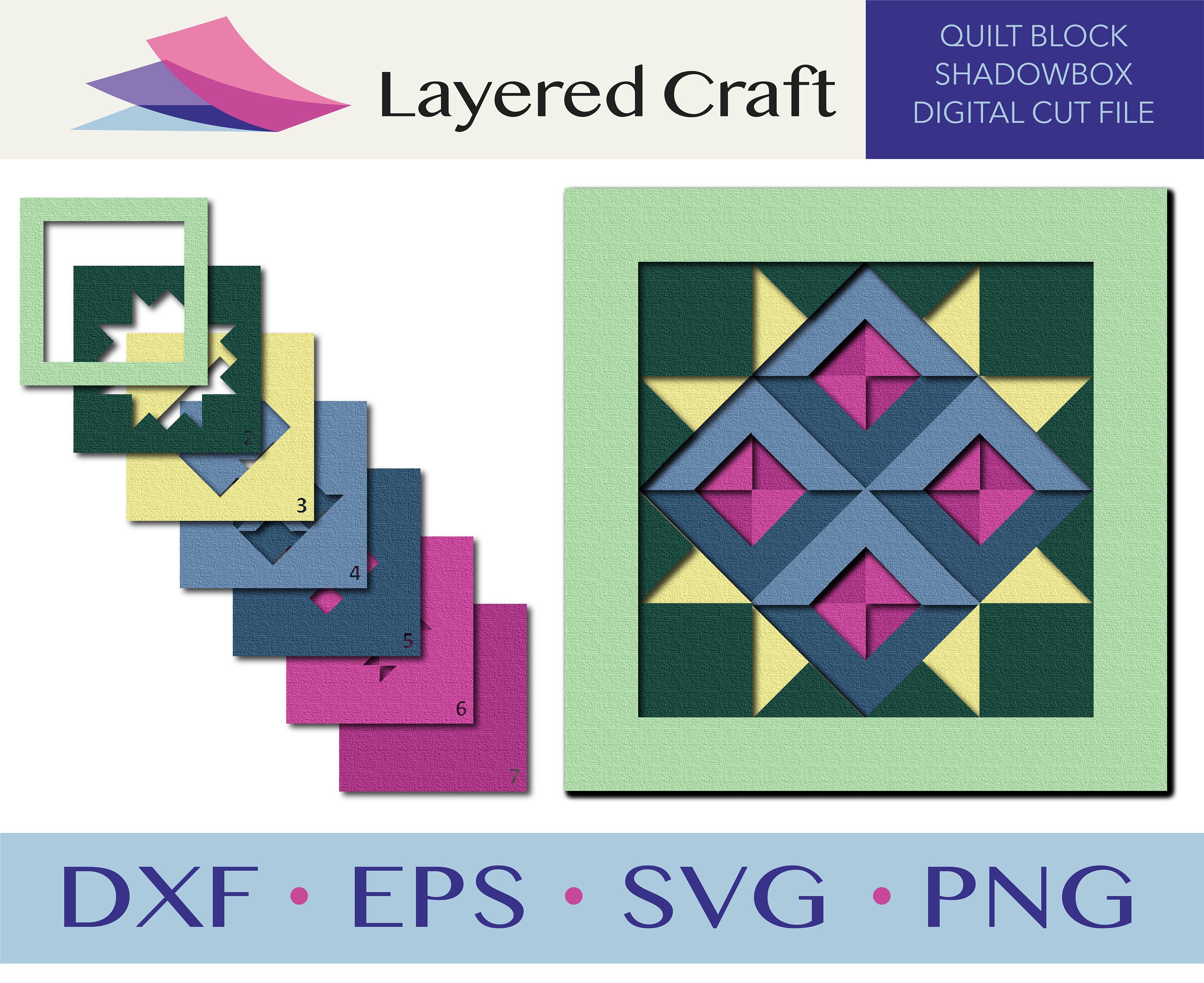 3D Quilt Block Layered Shadowbox Quilt Pattern SVG 3D Quilt Shadowbox Paper Cut File SVG For Silhouette For Circut- 3D SVG, png, dxf, eps.