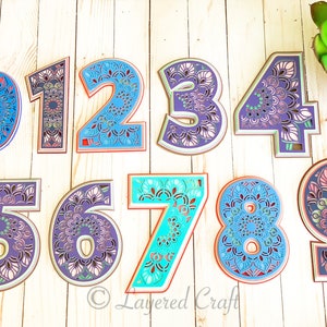 May include: Nine decorative wooden numbers, each with a different mandala design. The numbers are painted in various colors, including blue, purple, teal, and pink.