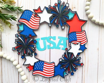 4 luglio - USA Stars and Stripes Patriotic 3D SVG Door Wreath- Mandala Layered Digital Cut File