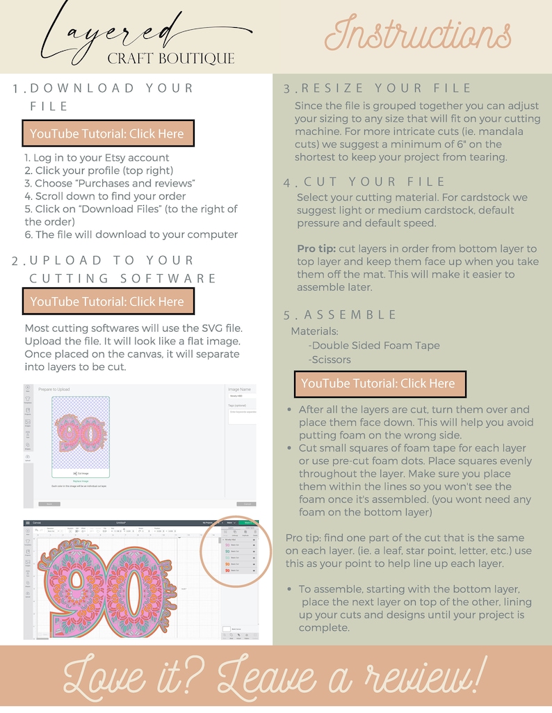 May include: Instructions for a layered craft project, showing a 90-year-old birthday design. The instructions include downloading, resizing, cutting, and assembling the layers using foam tape. The image also includes a YouTube tutorial link for each step.