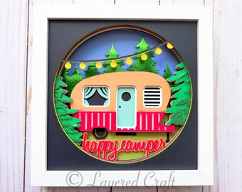 Happy Camper 3D SVG RV Glamping Shadow Box Camper Decor Retro Camper Shadowbox 3D Digital Cut File Cricut Silhouette svg dxf eps png