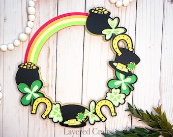 St. Patrick's Day Decorations St Patricks Wreath Door Decor Lucky Clover 3D SVG Leprechaun Pot of Gold Rainbow Layered Digital Cut File