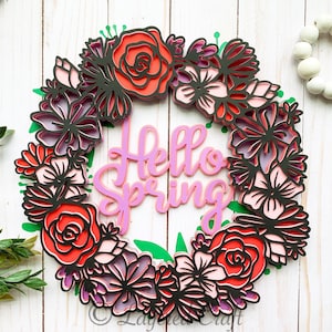 3D SVG Hello Spring Floral Wreath Mandala Layered Digital Cut File image 1