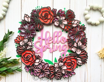 3D SVG Hello Spring Floral Wreath- Mandala Layered Digital Cut File