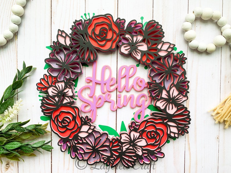 3D SVG Hello Spring Floral Wreath Mandala Layered Digital Cut image 1