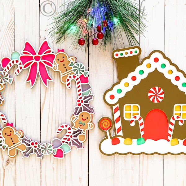 3D Gingerbread Bundle- Gingerbread House and Gingerbread Wreath Layered Digital Cut File Bundle