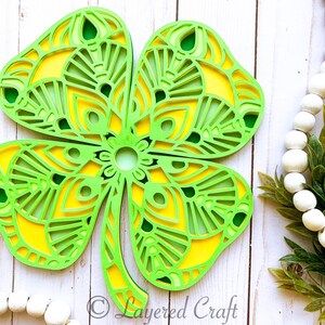 3D SVG Four Leaf Lucky Clover, Mandala en couches de la Saint-Patrick– Fichier de découpe numérique