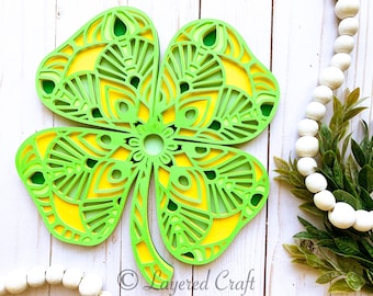 3D SVG Four Leaf Lucky Clover, St. Patrick's Day Layered Mandala– Digital Cutting File