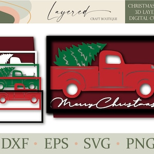 Carte d’arbre de Noël Winter Farmhouse Truck Carte de vacances Petit camion rouge Rustique Noël 3d SVG Fichier numérique en couches