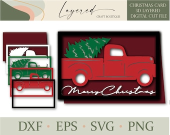 Christmas Tree Card Winter Farmhouse Truck Holiday Card Little Red Truck Rustic Christmas 3d SVG Layered Digital Cut File