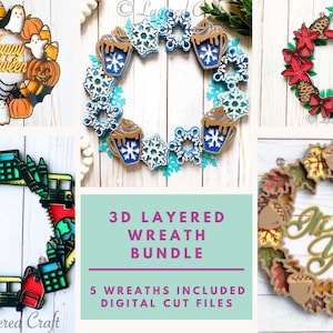 Puede incluir: Un conjunto de cinco diseños de corona en 3D en capas para manualidades. Las coronas presentan varios temas, que incluyen Halloween, invierno, otoño y escuela. Cada corona está compuesta por múltiples capas de formas recortadas, creando un efecto dimensional. Los diseños son perfectos para agregar un toque festivo a cualquier hogar o evento.