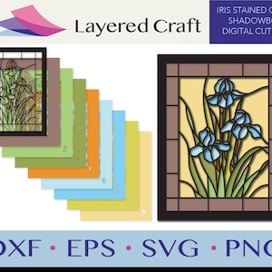 Puede incluir: Diseño de artesanía en capas para una shadowbox de vidrio tintado con un ramo de iris azules con hojas y tallos verdes. El diseño se divide en siete capas, cada una con un patrón y color diferente. El diseño está etiquetado como "Layered Craft" y "Iris Stained Glass Shadowbox Digital Cut File".