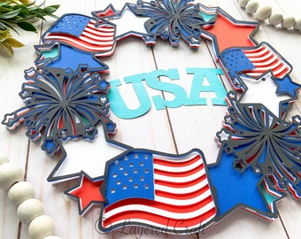 Paper Wreath Cut File SVG USA Fourth of July Craft Firework Decorations 3D svg DIY Door Wreath Digital Download- svg, png, dxf, eps