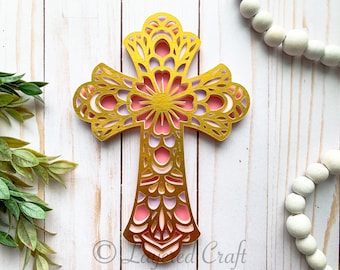 3D Cross SVG Cut File Stained Glass Cross Easter Cross Shadowbox Easter Decor Christian Cross 3D Mandala Layered 3D SVG Digital Cut File