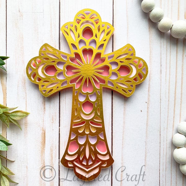 Stained Glass Cross SVG Cut File Spring Craft Easter Cross Shadowbox Easter Decor Christian Cross 3D Mandala Layered 3D SVG Digital Cut File