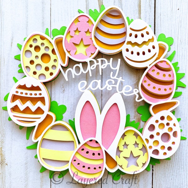 3D Easter Wreath Happy Easter Egg Easter Bunny 3D SVG Spring Wreath Digital Cut File Layered Craft- SVG PNG eps dxf