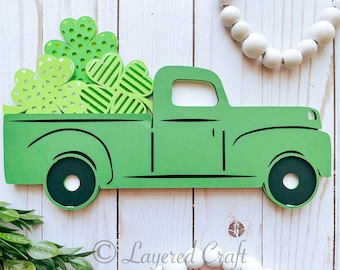 3D SVG Farmhouse Truck with St. Patrick's Day Four Leaf Clovers Layered Digital Cut File- png, svg, dxf, eps