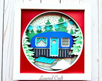 Winter Camper 3D Shadowbox Retro Camper Decorations Winter Snow Mountain RV Camper SVG Glamping Decor Cut File For Cricut SVG Dxf eps png