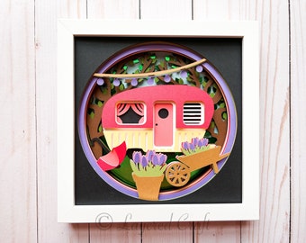 Spring Camper 3d SVG Layered Shadowbox Retro Camper RV Spring 3D Flowers Spring Shadow Box 3D Digital Cut File- SVG, png, dxf, eps