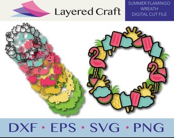 Summer Wreath 3D SVG Flamingo Summer Sun Pineapple Decorations Paper Wreath Summer SVG Layered Digital Cut File- SVG, png, dxf, eps
