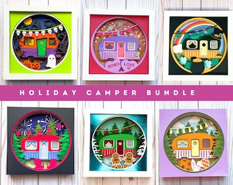 Camper Shadowbox 3D SVG Holiday Bundle-Halloween Valentine's Day St. Patricks' Day 4th of July Easter Christmas Camper Glamping Retro RV SVG