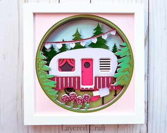 Valentine Shadowbox Camper 3D Cut File Valentine's Day Decorations Shadow Box SVG Valentine 3D Retro Camper Decor Paper Cutout File SVG