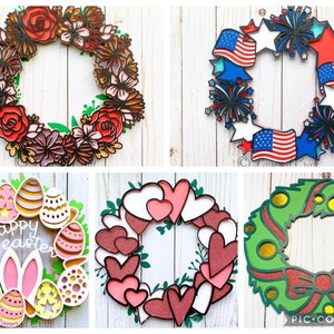 Bundle de couronne SVG 3D Layered Door Wreath Craft : Pâques / Saint Valentin / Noël / Printemps / 4 juillet - Fichier de coupe en téléchargement numérique