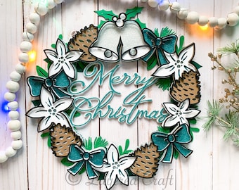 3D Merry Christmas Poinsettia Winter Foliage Wreath - Mandala Layered Digital Cut File