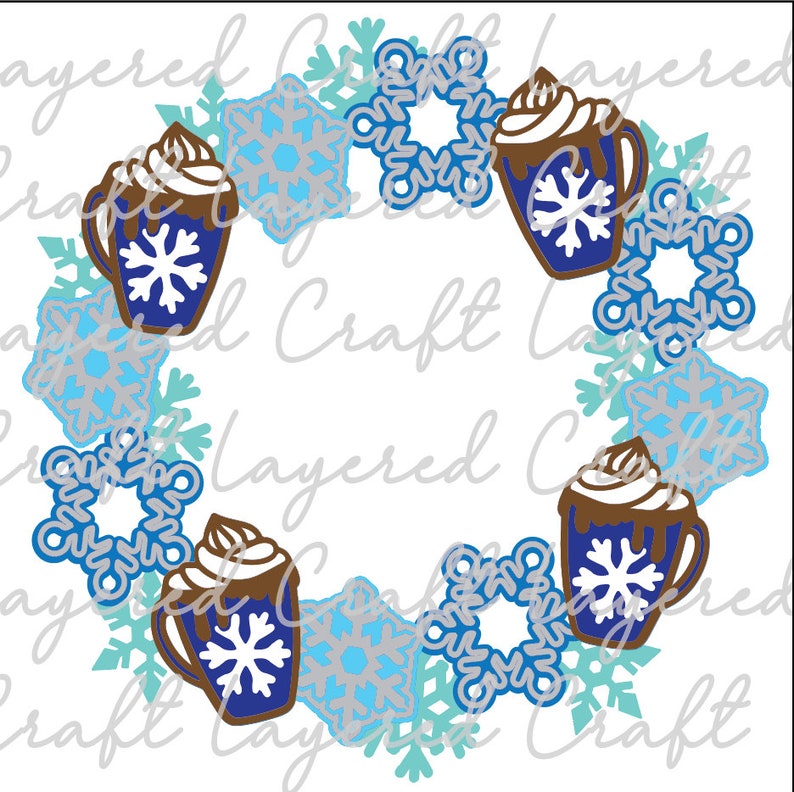 May include: A winter-themed wreath design featuring four mugs of hot chocolate with whipped cream and snowflake accents. The mugs are dark blue with white snowflake designs. The wreath is decorated with blue and gray snowflakes.