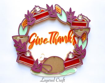 Give Thanks Wreath Layered Fall Door Decoration Thanksgiving 3D Digital Cut File Thanksgiving SVG Thankful Gathering Circut File Download
