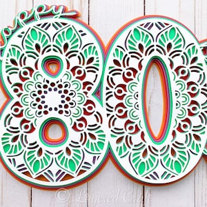 May include: Happy 80th birthday layered paper cut out design in green, orange, red, purple and white colors.