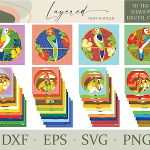 Tiki Bird, 3D SVG, Tiki Room, Tiki Bar, Parrot Shadow Box, Shadowbox Bundle (4 Tiki Birds) – Digital Cutting File svg, png, dxf, eps